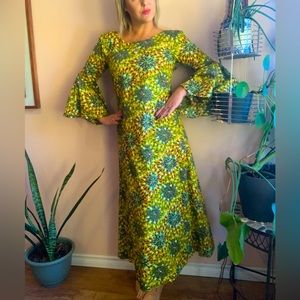 Unique 1970's Handmade Vintage Psychedelic Print Bell Sleeve Maxi Dress